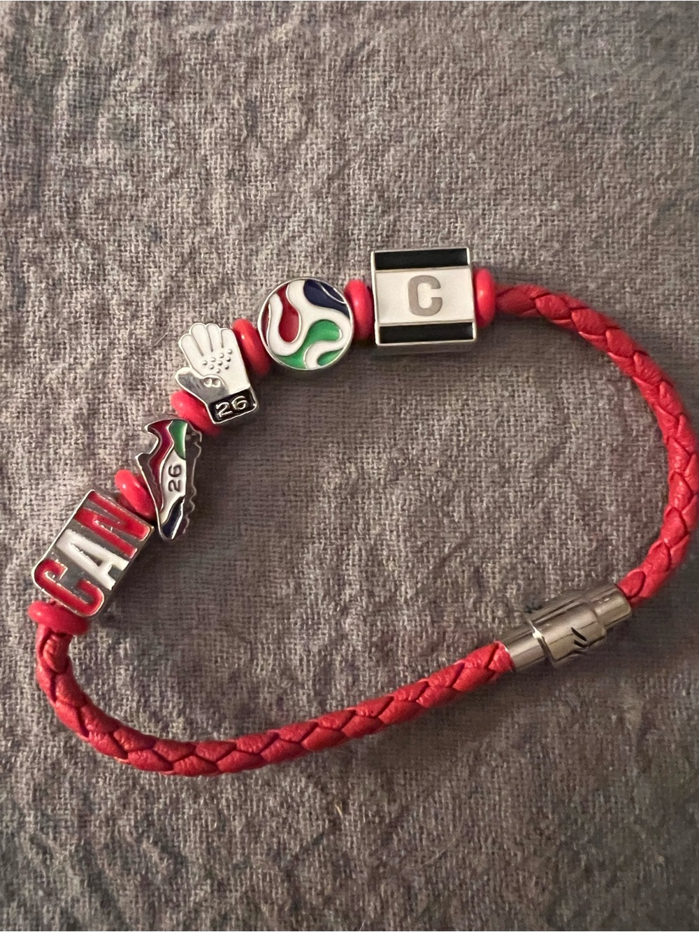 Red Braided Soccer Charm Bracelet with Multicolor Beads FIFA CANADA